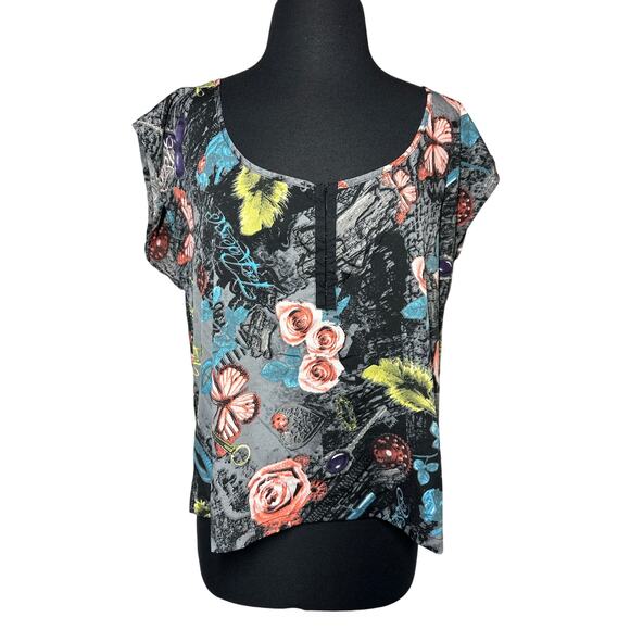 Fox Riders Women's Floral Short Sleeve Blouse Top Size XL Moto Streetwear Racing - Picture 1 of 11